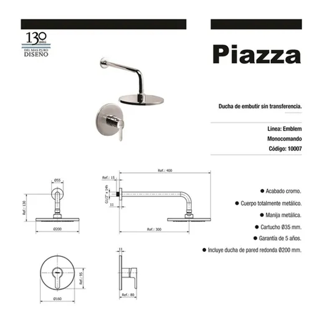 Griferia Ducha Piazza Emblem Monocomando Embutir 10007 Cromo Acabado Cromado Color Plateado - Imagen 2