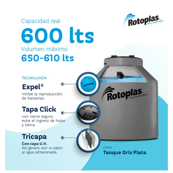 Rotoplas tanque de agua rotoplas tricapa vertical gris 600l 117 cm x 97 cm capa antibacterial - Imagen 3