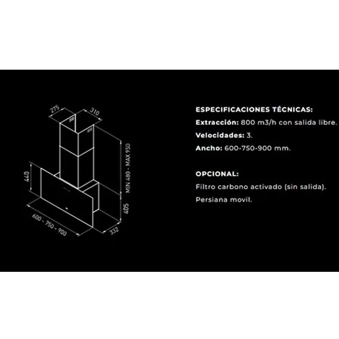 Campana Extractor Cocina Tst Azara 75 Cm Cristal Cod. 340-75 Color Negro - Imagen 6