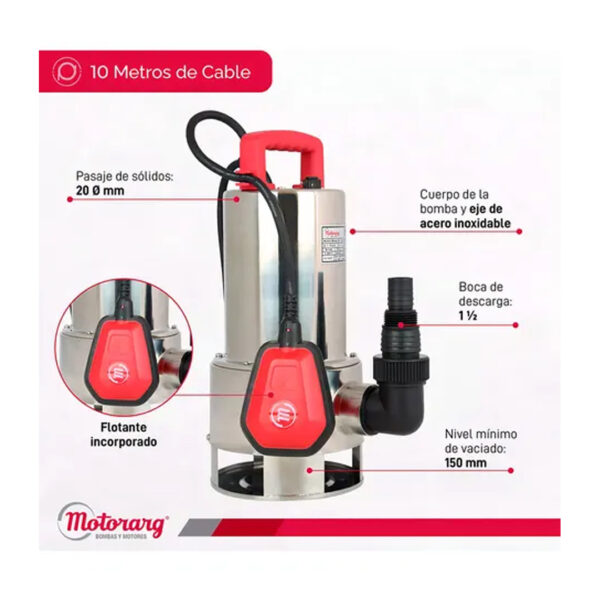 Bomba Sumergible Desagote Acero 1 Hp Agua Sucia Motorarg Color Acero inoxidable - Imagen 3