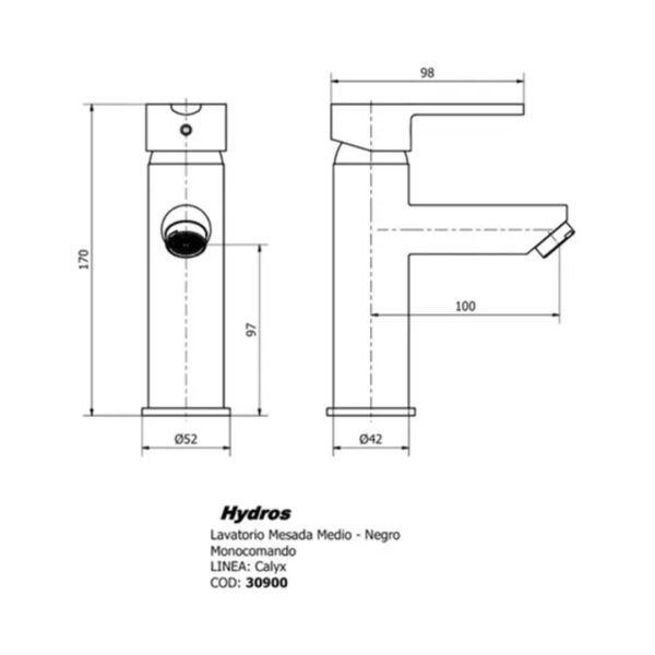 Grifería Hydros Para Lavatorio Medio Calyx Negro Mate 30900 - Imagen 3