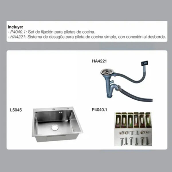 Bacha De Cocina Simple Acero Inox Piazza Luxe 50x45x18cm Color Plateado - Imagen 4
