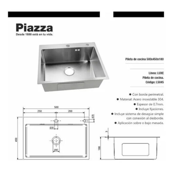 Bacha De Cocina Simple Acero Inox Piazza Luxe 50x45x18cm Color Plateado - Imagen 3