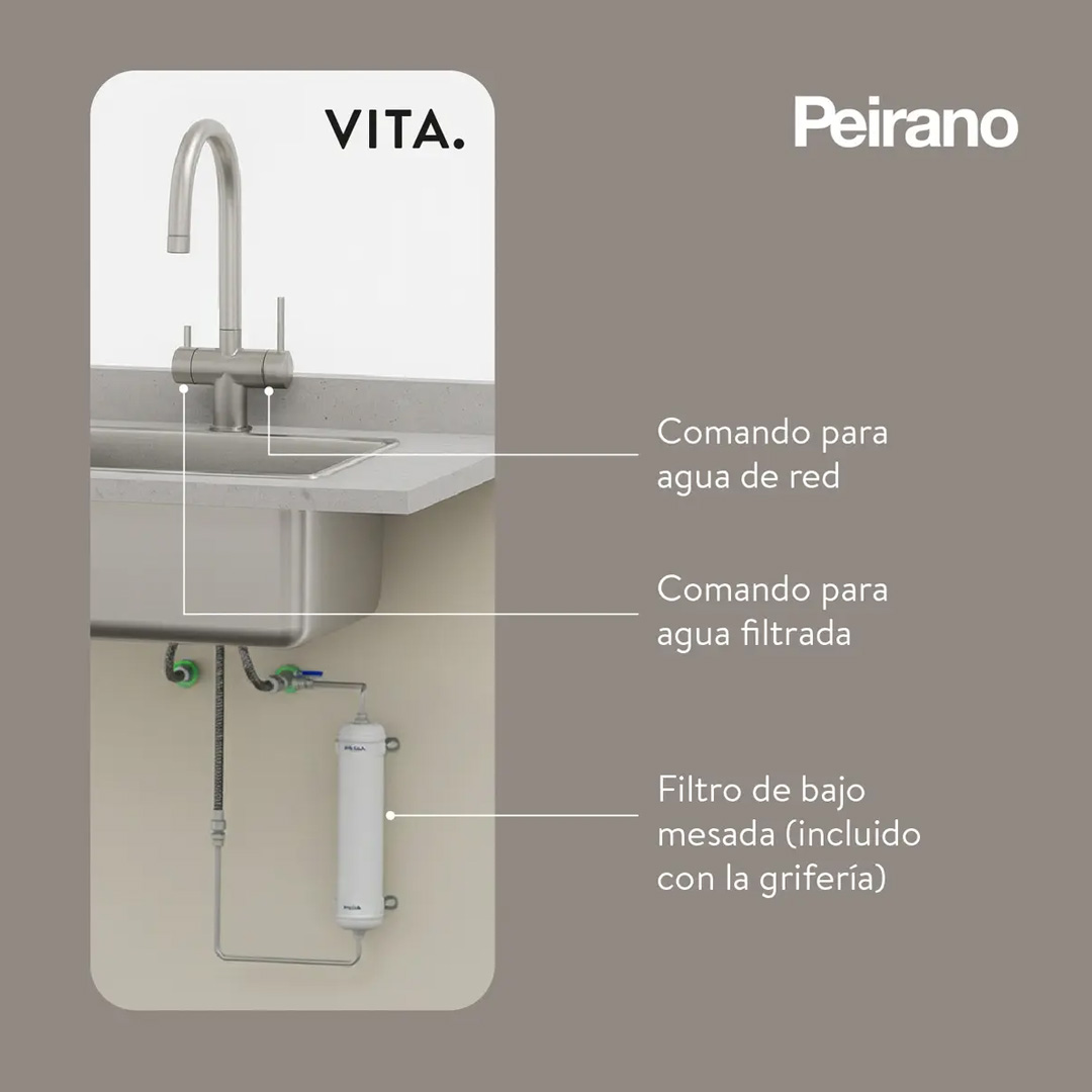 Grifería De Cocina Monocomando Con Filtro De Agua Peirano Vita 22-178 Con Purificador Color Acero Inoxidable Acabado Pulido Canilla Grifo Mezcladora Purificada - Imagen 2
