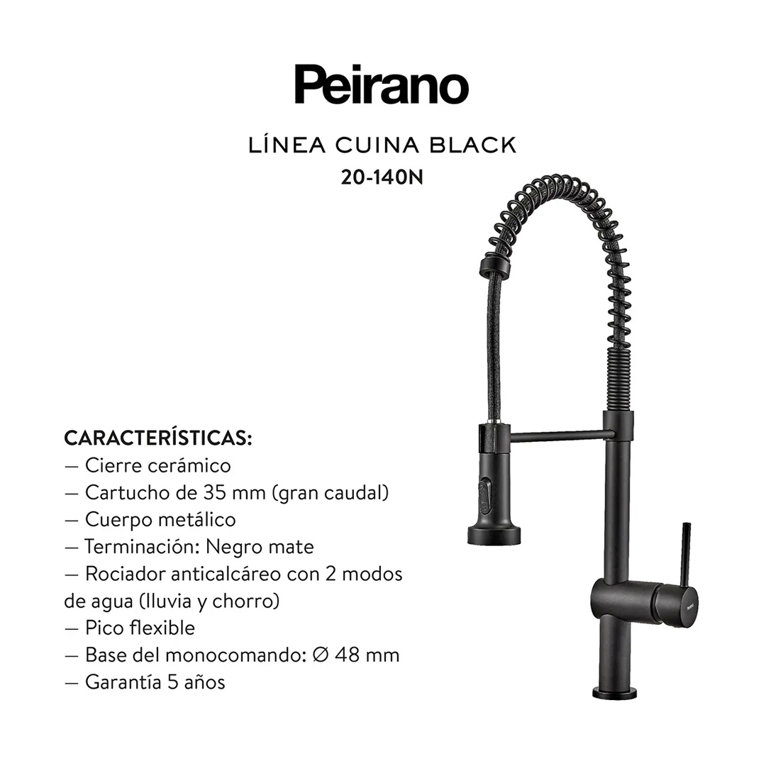 Griferia De Cocina Monocomando Peirano 20-140N Black Cuina Mesada Color Negro Acabado Mate Con Manguera Extensible Flexible Dos Funciones Lluvia Chorro Grifo Canilla Mezcladora Kitchen Gourmet MÁS VENDIDO 10º en Griferías Convencionales Peirano 4.8 Calificación 4.8 de 5. 508 opiniones. (508) - Imagen 5