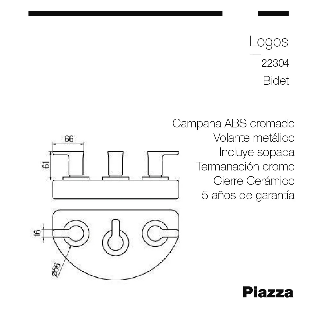 Grifería Bidet Baño C/tansf Cierre Cerámico Piazza 22304 Canilla Logos Cromado - Imagen 5