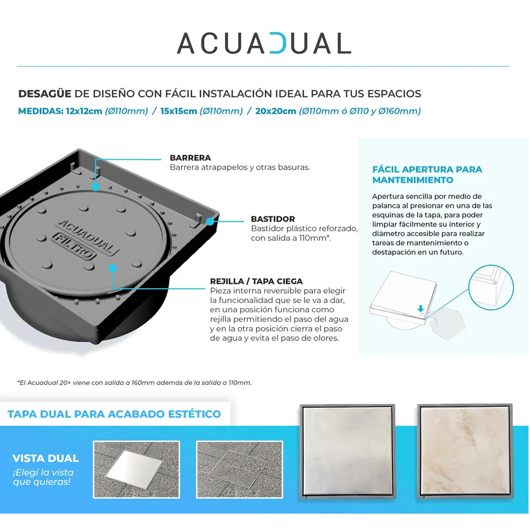 Desagüe Acuadual Rejilla 15x15cm Doble Vista Revestible Porcelana Acero Inoxidable Baños Abierta/Ciega - Imagen 5