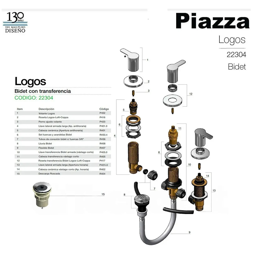 Grifería Bidet Baño C/tansf Cierre Cerámico Piazza 22304 Canilla Logos Cromado - Imagen 3